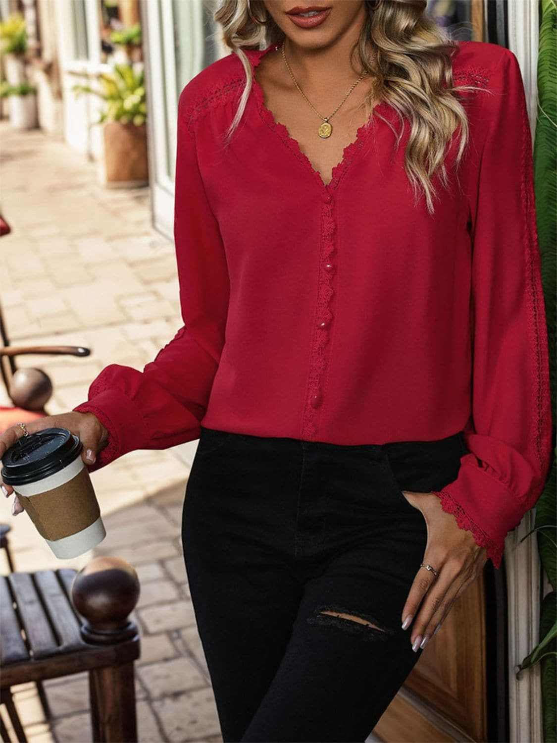 Lace v-neck long sleeve top - Love Salve